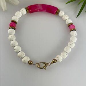 6mm White Lava and Pink Frosted Agate Stone Gold Plated Bracelet